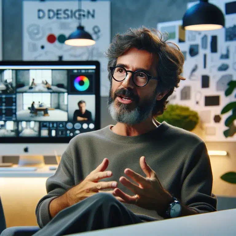 DALL·E 2024-05-29 19.15.08 - A photo in a 1_1 square format showing a renowned designer speaking during an interview