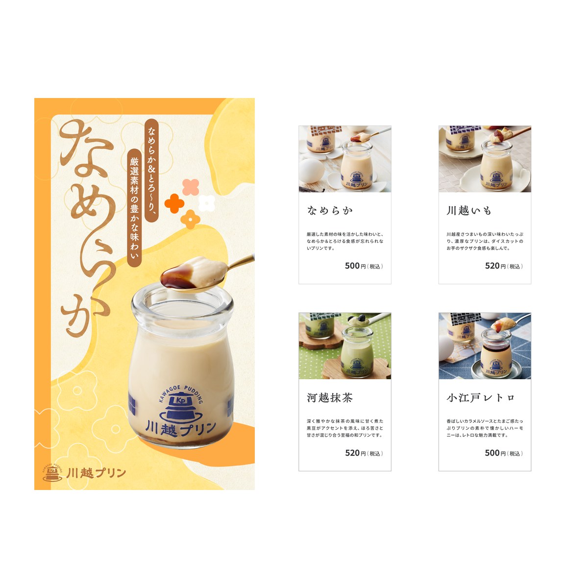 店内で使うツール。デジタルサイネージのバナーと、4種類のプリンのプライスカード