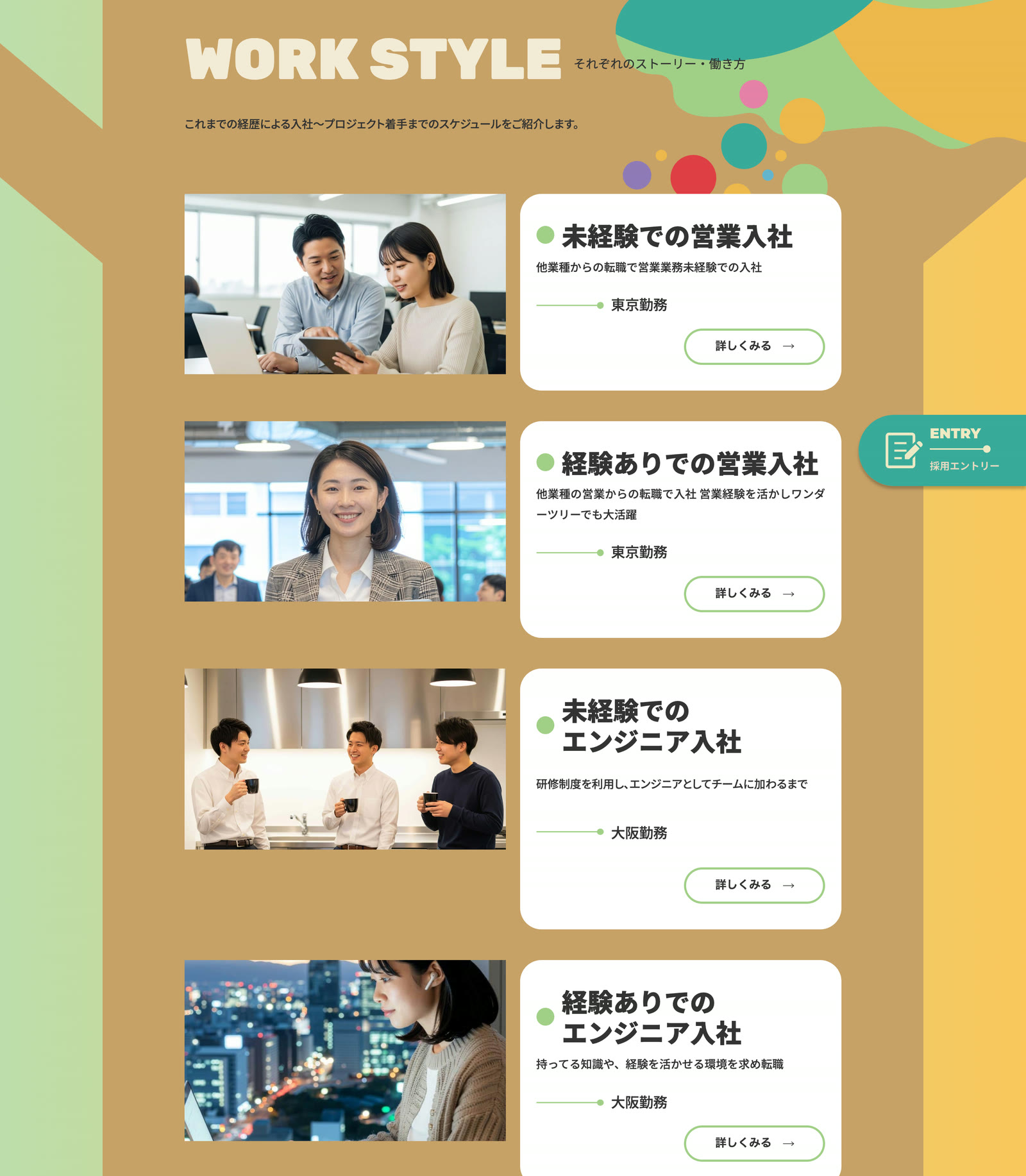 入社経路ごとに社員のストーリーを紹介する採用コンテンツ「WORK STYLE それぞれのストーリー・働き方」のページ