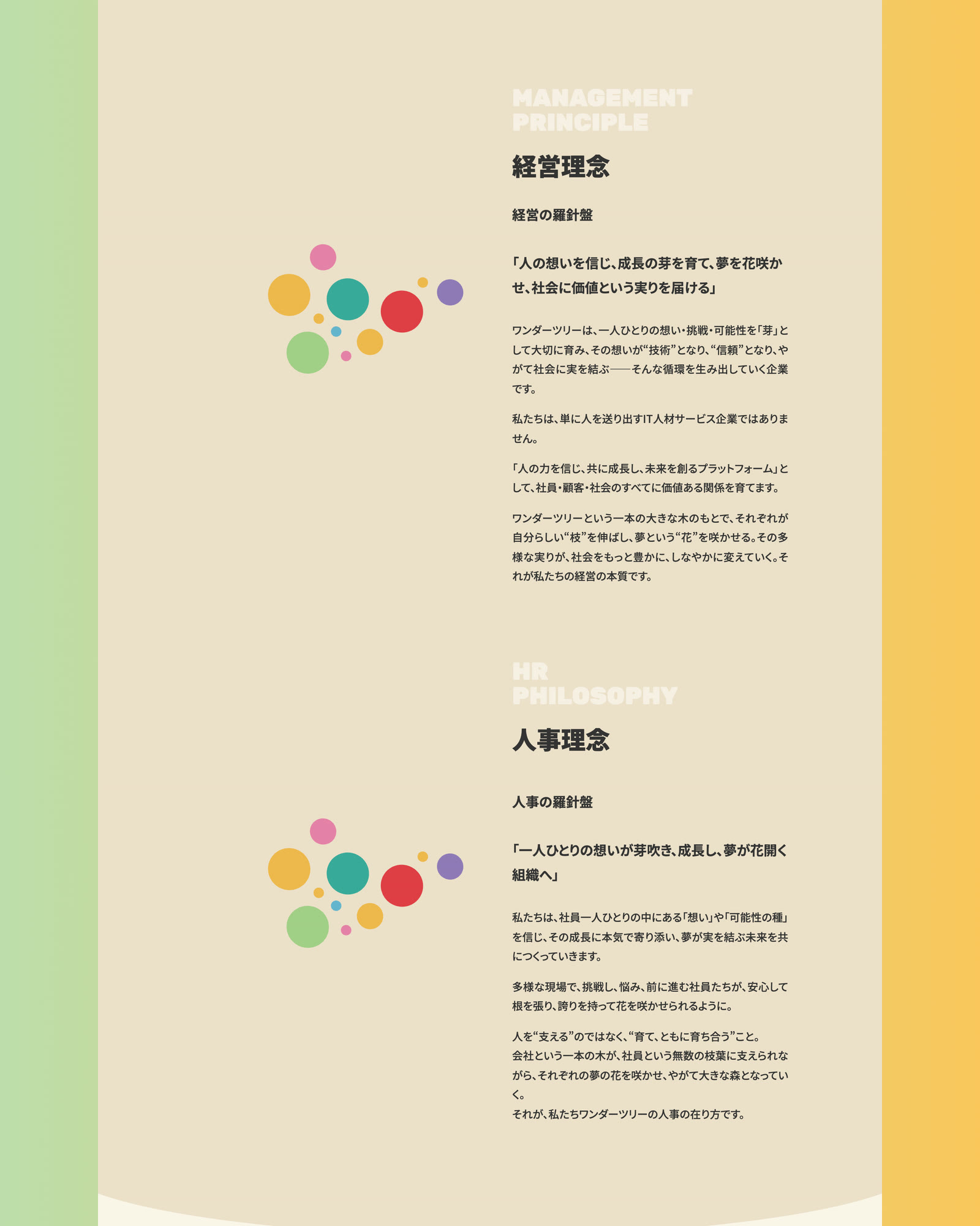 経営理念と人事理念を並べて掲載したコーポレートサイトの理念ページ