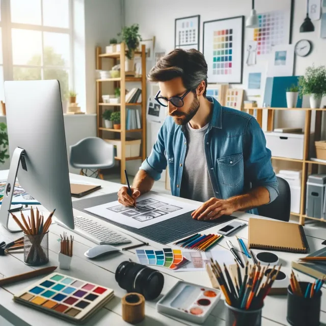 DALL·E 2024-05-29 19.12.59 - A photo in a 1_1 square format showing a designer creatively working in a modern studio environment. The designer is surrounded by design tools such a