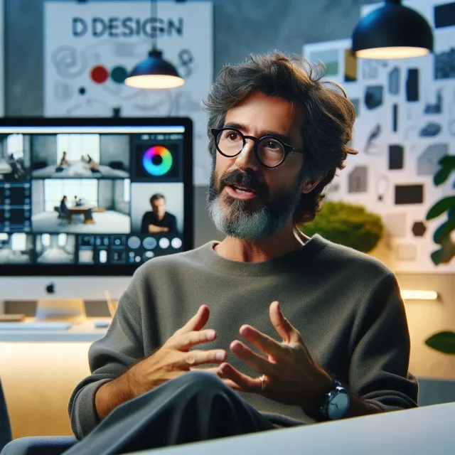 DALL·E 2024-05-29 19.15.08 - A photo in a 1_1 square format showing a renowned designer speaking during an interview. The setting should be professional and modern, with the desig